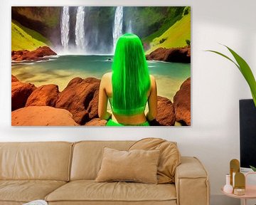 Mädchen mit langen grünen Haaren am Wasserfall von Frank Heinz