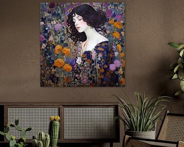 Vrouwenportret Flowerpower girl van Vlindertuin Art