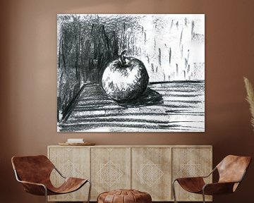 Apple on a table black and white charcoal drawing by Karen Kaspar