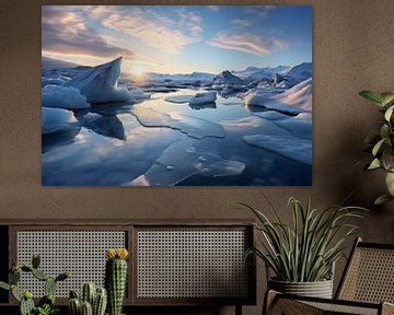 Ijsland bevroren landschap vol ijsschotsen in het water