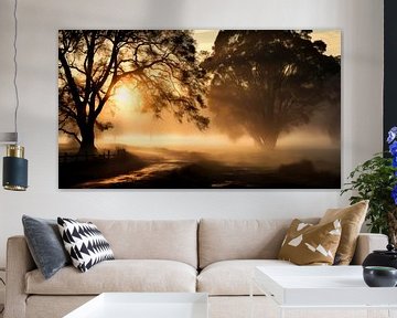 Golden Dawn in the Misty Deciduous Forest by Vlindertuin Art