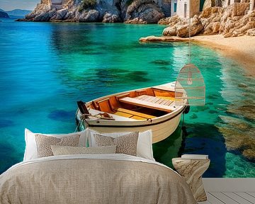 Vissersbootje voor Anker in Baai van Grieks Dropje van Vlindertuin-Art