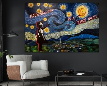 Moonballoon in a starry night van KleurrijkeKunst van Lianne Schotman