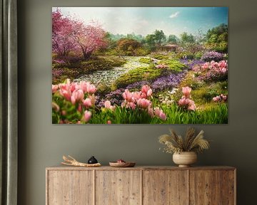 Tuin met kleurrijke bloemen in de zomer, illustratie van Animaflora PicsStock