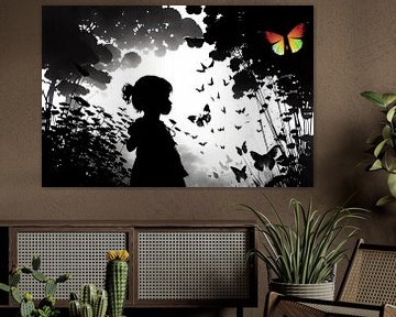 Een zwart-witfoto met een silhouet van een meisje dat neerkijkt op een enkele kleurrijke vlinder. van ButterflyPix
