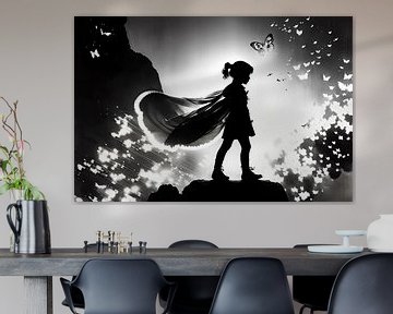 La fille noire et blanche, la silhouette et la cape à ailes sur ButterflyPix