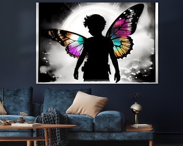 Die schwarz-weiße Kinder Silhouette und die bunten Schmetterlingsflügel von ButterflyPix