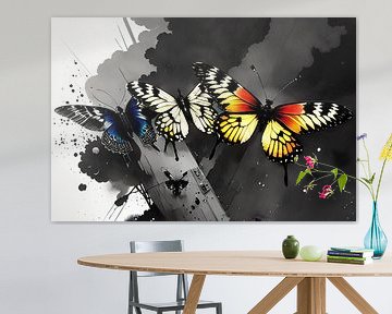 Drie kleurrijke vlinders tegen een zwart-witte achtergrond van ButterflyPix