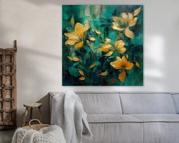 Botanical Brilliance, groen en goud abstract van Jan Bechtum