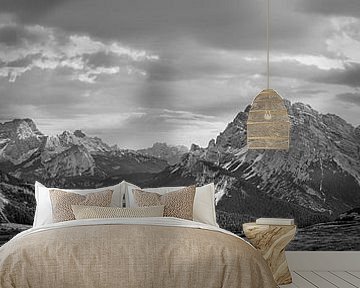 Dolomites mountain panorama at the Three Peaks and Misurina. Black and white picture.