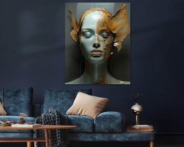 Modernes Porträt in Blau und Kupfer von Carla Van Iersel