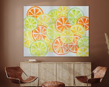 Agrumes (aquarelle de limes, citrons et oranges coupés) sur Birgitte Bergman