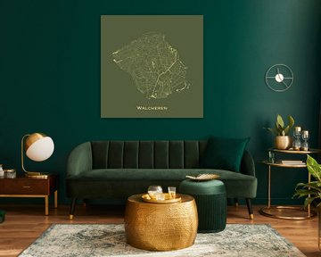 Waterkaart van Walcheren in Groen en Goud van Maps Are Art