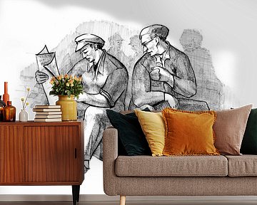 Twee arbeiders tijdens hun lunchpauze- pen en inkt op papier 1975 van Galerie Ringoot