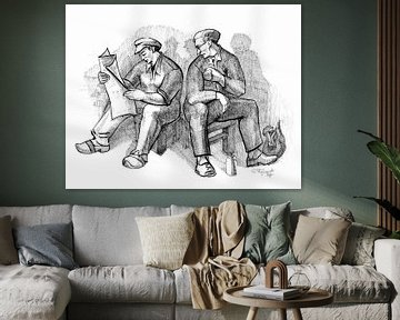 Two workers during their lunch break- pen and ink on paper 1975 by Galerie Ringoot