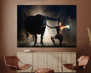 Young Thai woman with a longhorn water buffalo