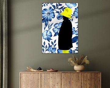 Silhouet met geel hoedje en blauwe bloemen van Brenda Reimers Art