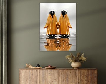 Pinguine in Harmonie mit einem orangefarbenen Regenmantel von PixelPrestige