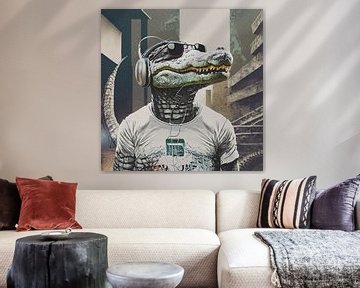 Digitaal Alligator Portret met headphones en zonnebril van Pim Haring