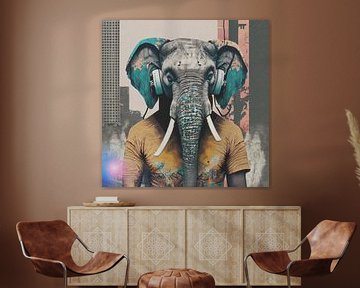 Digitales Elefantenporträt mit Kopfhörern von Pim Haring