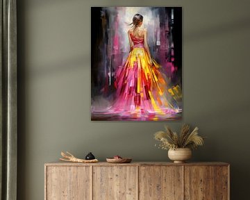 Abstract figuratief portret van een vrouw, Dress To Impress Pop of colour van René van den Berg