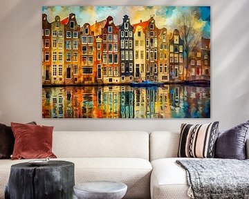 Grachtenpanden in Amsterdam schilderij van Thea