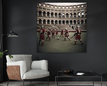 Römische Soldaten spielen Fußball im Kolosseum von Gert-Jan Siesling