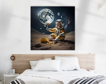 Baby astronaut spelend op de maan