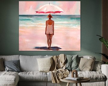 Vrouw met roze parasol op het strand van Sabine Schemken