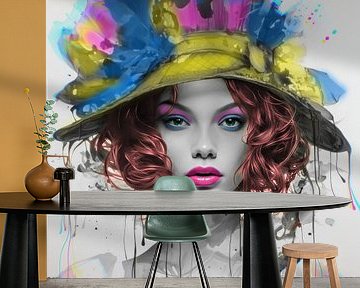 Vrouwen portret zwart wit " Poppy " pop of colour met neon accenten van René van den Berg