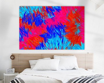 Pop van kleur. Abstracte kunst in neonkleuren. Rode en blauwe jungles