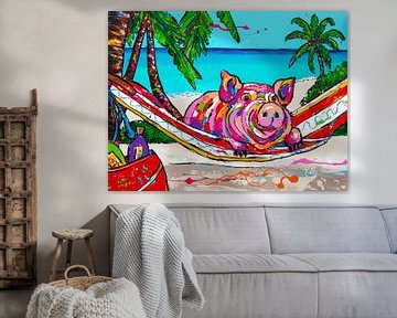 Glückliches Schwein in einer Hängematte von Happy Paintings