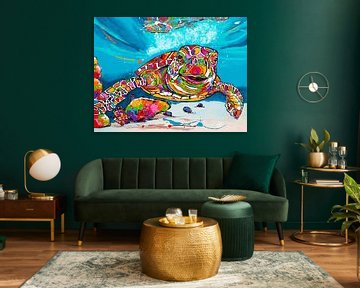 Tortue de mer colorée dans le monde sous-marin sur Happy Paintings