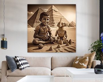 Kleiner Junge spielt bei den Pyramiden von Gizeh von Gert-Jan Siesling