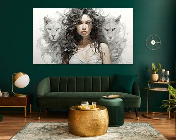 girl with two white lions by Gelissen Artworks