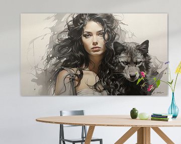 Zeichnung eines Mädchens mit einem Wolf von Gelissen Artworks