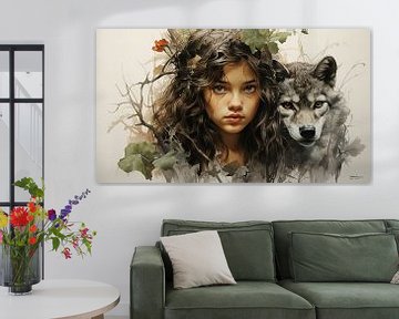 drawing of a girl with a wolf by Gelissen Artworks