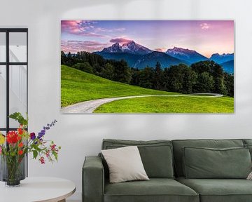 islandburner Bild Bilder auf Leinwand schöne Berglandschaft in den bayerischen Alpen mit Dorf von Berchtesgaden und von Watzmann-Massiv Wandbild Leinwandbild MYT Poster