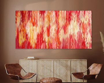 Tissu de soie Ikat. Art moderne abstrait en rouge, jaune et rose sur Dina Dankers