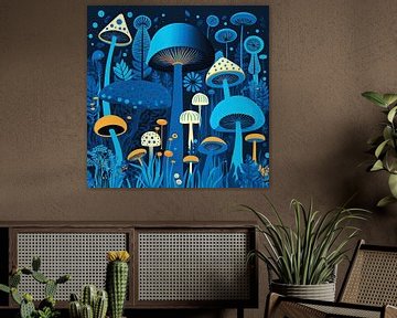 Blue mushrooms in the forest by Vlindertuin Art