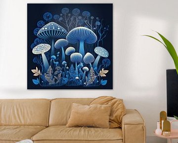 Blue mushrooms in night forest by Vlindertuin Art