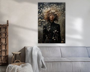 Vrouw figuur in de wind. Dandelion, paardenbloem, wuivend haar. van Dunto Venaar