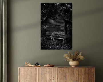 bench in front of dilapidated wooden hut by Karel Ham