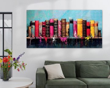 A row of colourful books on a shelf by Laila Bakker