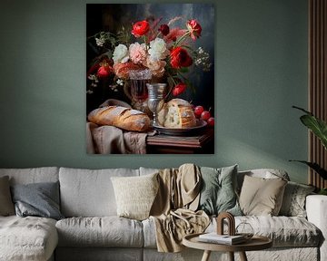 Still life with bread and fruit by Peet de Rouw