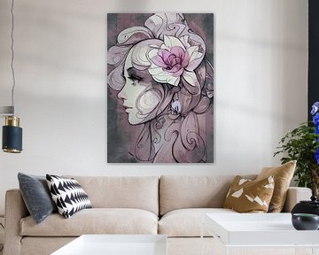 Portrait lady with pink flower in her hair by Emiel de Lange