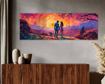 Hand in Hand at Sunset - Colourful Abstract Painting by Surreal Media