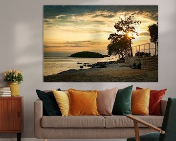 Coucher de soleil sur la plage en Croatie avec un ciel rouge et orange et un arbre solitaire