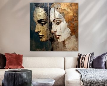 Two women en profil in warm brown and gold tones by Laila Bakker