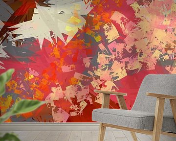 Pop der Farbe. Abstrakte botanische Kunst in Neonfarben rot, rosa, grau von Dina Dankers